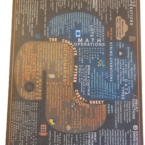 May include: A Python programming cheat sheet, with sections on lists, loops, and functions. The card is laminated, with a dark background and white and teal text, ideal for quick reference.
