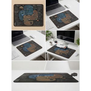 May include: Black rectangular mouse mat with a Python programming language diagram. The design features blue and brown shapes with white text detailing programming concepts. The mat is shown on a white desk with a laptop and keyboard.