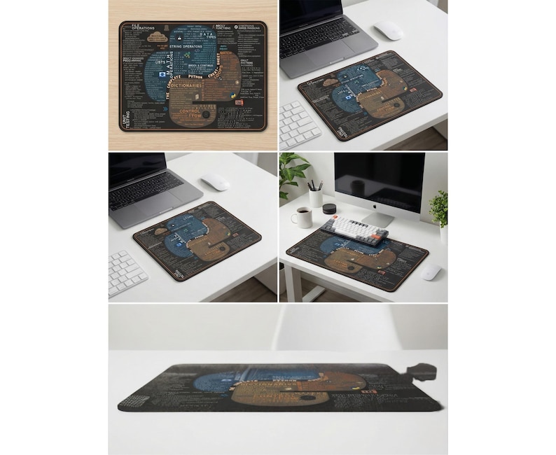 May include: Black rectangular mouse mat with a Python programming language diagram. The design features blue and brown shapes with white text detailing programming concepts. The mat is shown on a white desk with a laptop and keyboard.