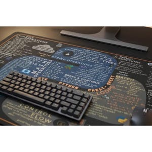 May include: A black computer keyboard sits on a black and grey mousemat. The mousemat displays a Python cheat sheet with text and diagrams. A computer monitor base is visible in the background.