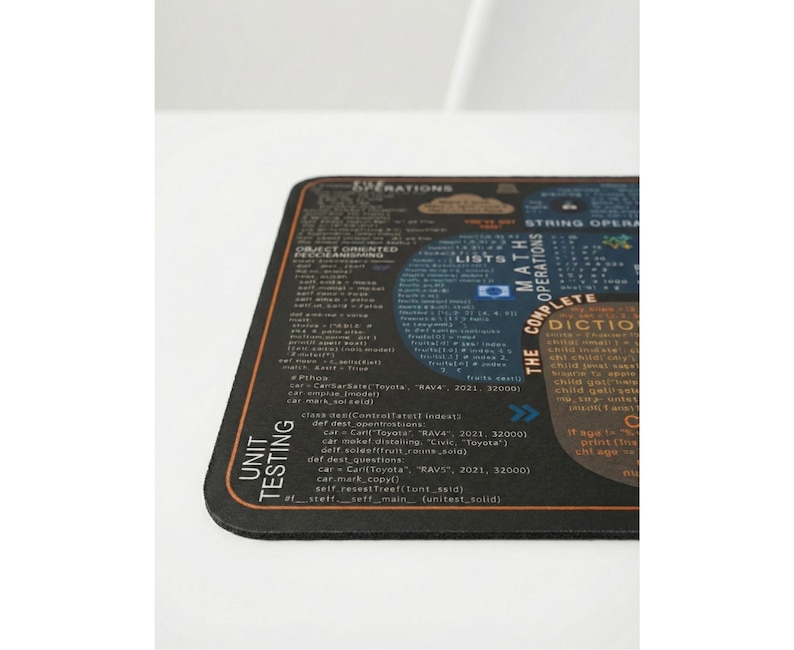 May include: Black rectangular mouse mat with a brown border. The mat displays text and diagrams related to programming concepts, including "Unit Testing," "Math Operations," and "Complete Dictionary."