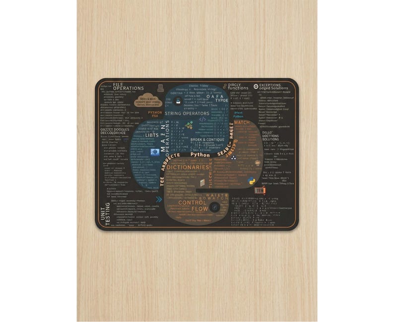 May include: A rectangular mousepad featuring a Python programming reference guide on a dark background. The guide includes text and diagrams about file operations, string operators, dictionaries, and control flow. The mousepad is on a light wood surface.