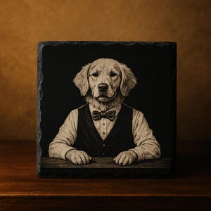 Può includere: Un sottobicchiere quadrato nero in ardesia con un'illustrazione dettagliata di un Golden Retriever con gilet, papillon e camicia. Le zampe del cane poggiano su una superficie di legno. Un oggetto di arredamento unico.