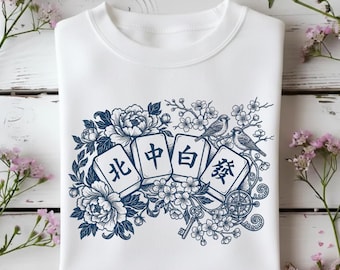 Botanical Mahjong Tiles Shirt - Aesthetic Floral Bird Graphic Tee - Mahjong Gifts for Women - Girls Night Game Outfit