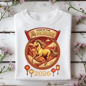 Year of the Horse 2026 T-Shirt, Chinese New Year Gold Scroll Shirt, Lunar New Year Lantern Tee, Asian Zodiac Horse Gift, CNY 2026 Apparel