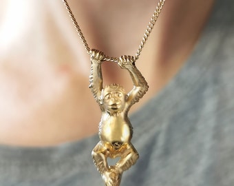Handmade Orangutan Necklace: Sterling Silver or Gold Swinging Ape Pendant