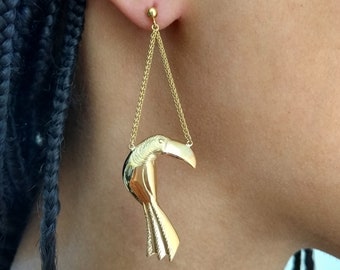 Handmade Toucan Dangle Earrings: Sterling Silver or Gold Bird Jewelry