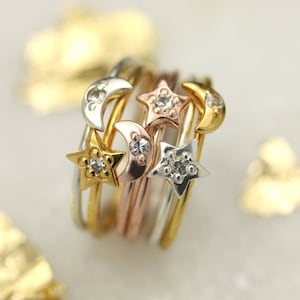 Mond & Stern Ring, Silber Mond Ring, Silber Stern Ring, Gold Mond Ring, Gold Stern Ring, Stapelringe