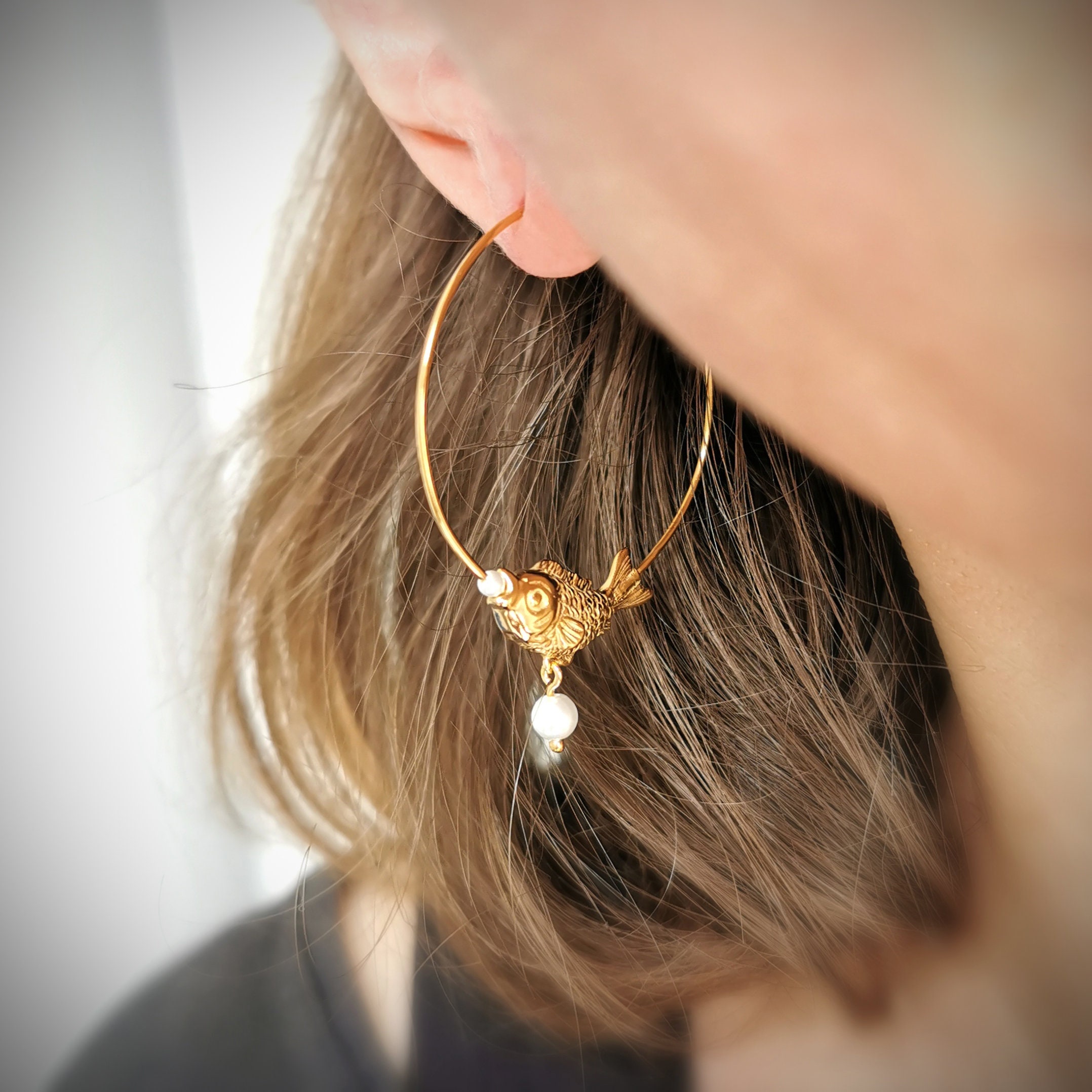 Handmade Fish Hoop Earrings: Sterling Silver or Gold Pearl Bubble Koi Carp