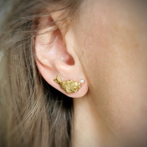 Fish Earrings, Fish Ear Climbers, Handmade Koi Carp Earrings, Sterling Silver Fish Studs