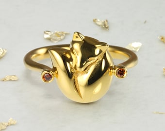 Personalized Fox Ring: Gemstone Accent, Sterling Silver or Gold Handmade Animal Jewelry