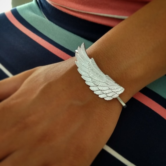 open sterling silver adjustable angel wing cuff bracelet design