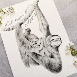 Luiaardkunstprint, dierenprint Giclée, moeder- en babycadeau, kinderkamerprint, cadeau luiaardliefhebber