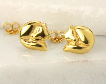 Handmade Sleepy Fox Stud Earrings: Sterling Silver or Gold Woodland Animal Jewelry