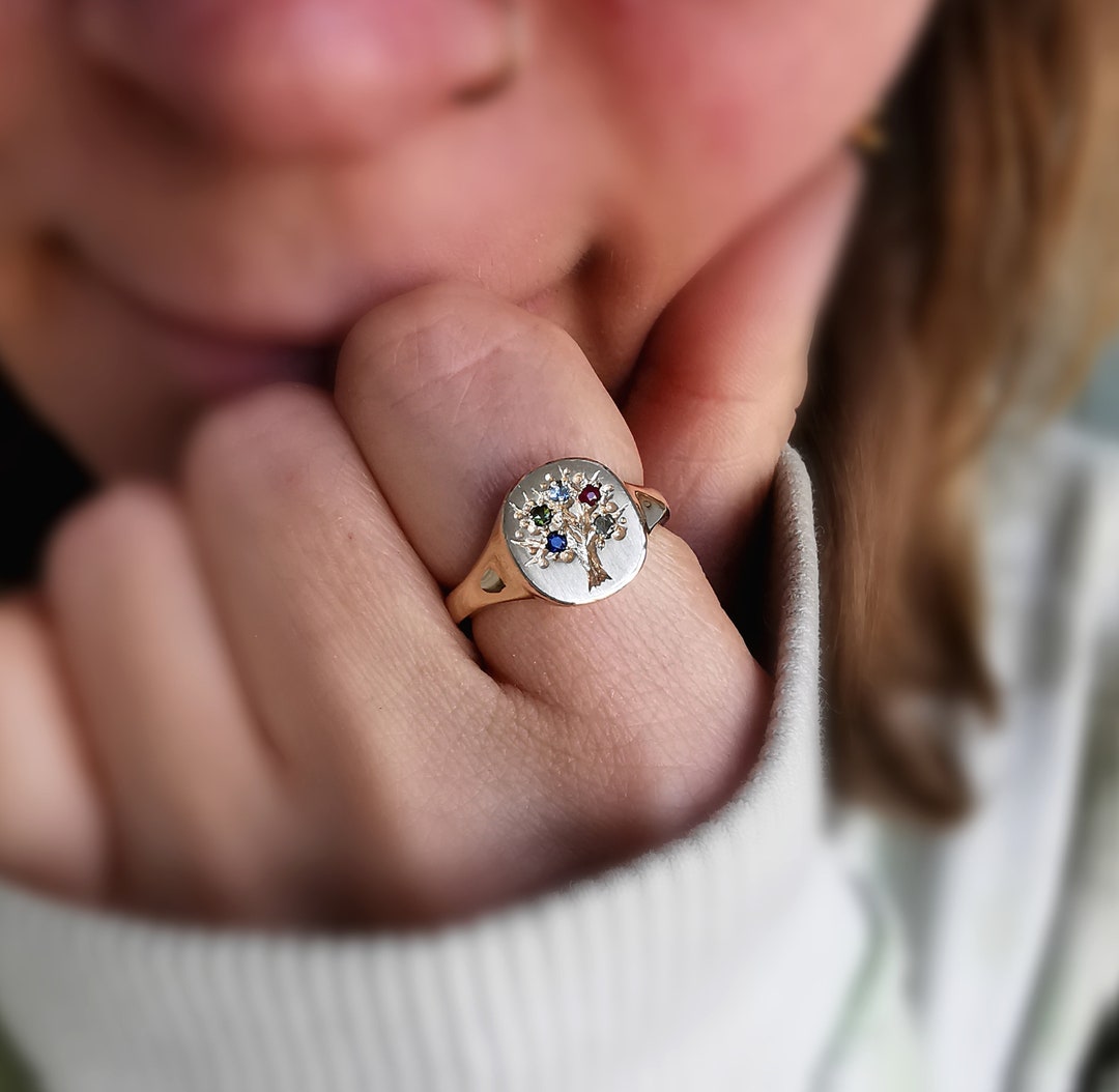 Signet Ring Tree Of Life Ring With Birthstones Handmade Family