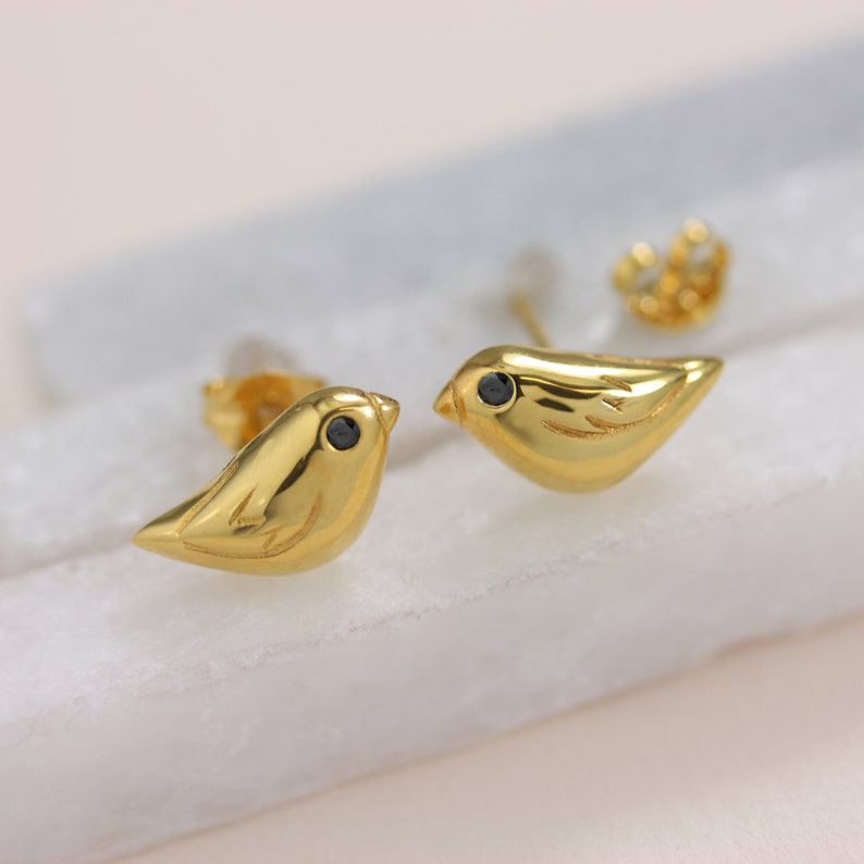 Bird Stud Earrings Sparrow Ear Studs With Rubies Sterling Etsy