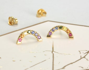 Rainbow Stud Earrings, Gemstone Earrings, Multicolored Sapphire Jewelry, Pride Rainbow, Dainty Birthstone Earrings, Rainbow Earrings