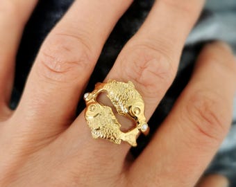 Handmade Fish Ring: Sterling Silver or Gold Pisces Jewelry with Synthetic Pearls