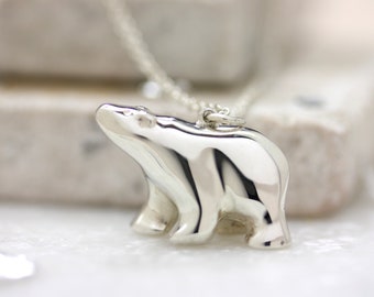Handmade Polar Bear Necklace: Sterling Silver or Gold Engravable Animal Pendant