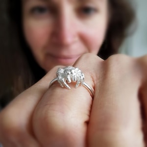 May include: A silver ring featuring a detailed crab design. The crab is the focal point, with intricate detailing on its body and claws. The ring is shown on a person's finger, with the crab facing the viewer.