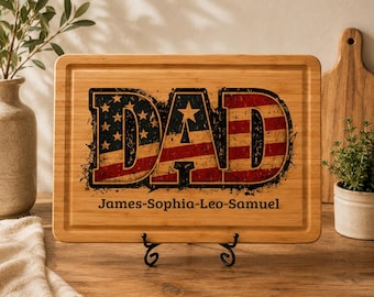 Personalized American Flag Fathers Day Gift for Dad, Grandpa, Husband, Patriotic Cutting Board, Custom Bamboo Chopping Board with Kids Names