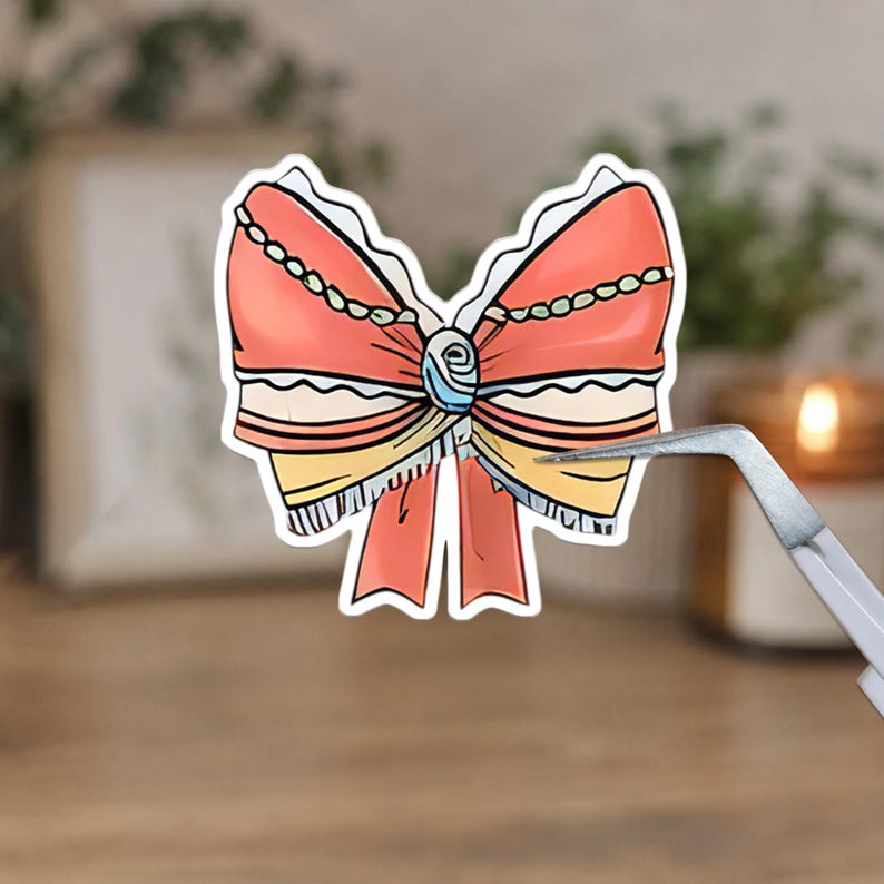 May include: A sticker featuring a detailed illustration of a bow. The bow is primarily coral-colored with white lace trim, a blue and white center, and yellow and black striped accents. A pair of tweezers holds the sticker.