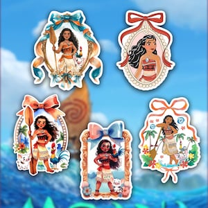 May include: Set of five die-cut stickers featuring a Polynesian woman with long black hair, wearing a brown top and a white skirt. Each sticker has a different design, including a bow, a frame, and tropical elements.
