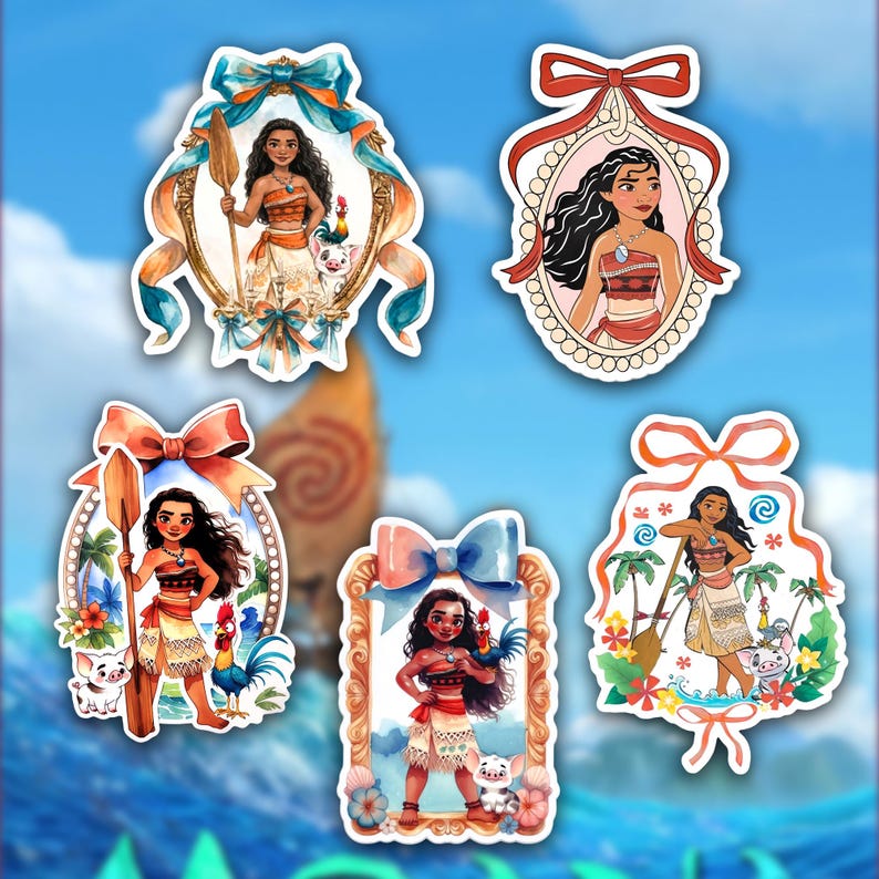 May include: Set of five die-cut stickers featuring a Polynesian woman with long black hair, wearing a brown top and a white skirt. Each sticker has a different design, including a bow, a frame, and tropical elements.