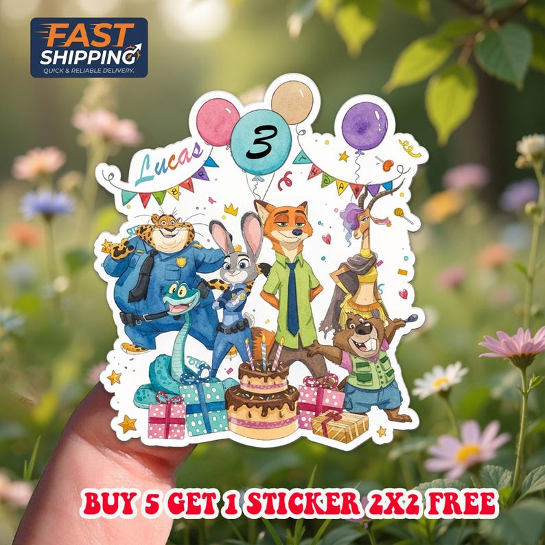 Custom Name Age Zootopia Birthday Vinyl Sticker, Party Favor Water Bottle Journal Decal image 1