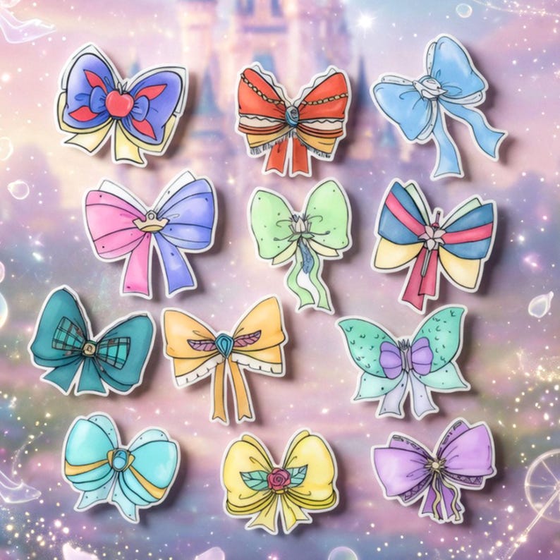 May include: A collection of twelve colorful bow stickers in various designs. The bows feature a range of colors, including blue, pink, green, yellow, and purple, with decorative details. The background is a soft, blurred image of a castle.