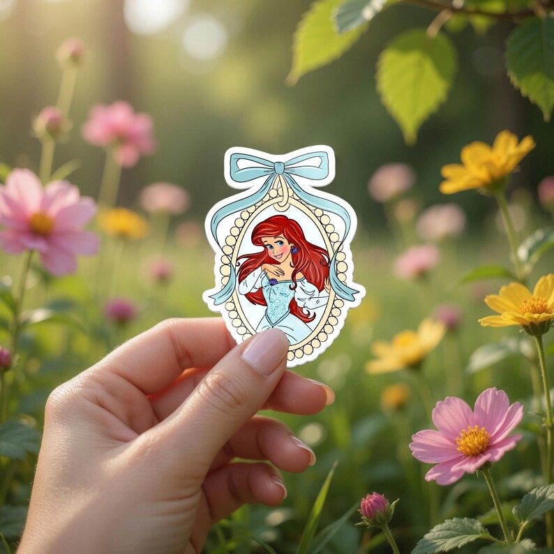 Peut inclure: Un autocollant repr&eacute;sentant une illustration de personnage de dessin anim&eacute; aux cheveux roux et une robe bleu clair, encadr&eacute;e d'un n&oelig;ud bleu clair et d'une bordure perl&eacute;e. L'autocollant est tenu devant un arri&egrave;re-plan floral flou.