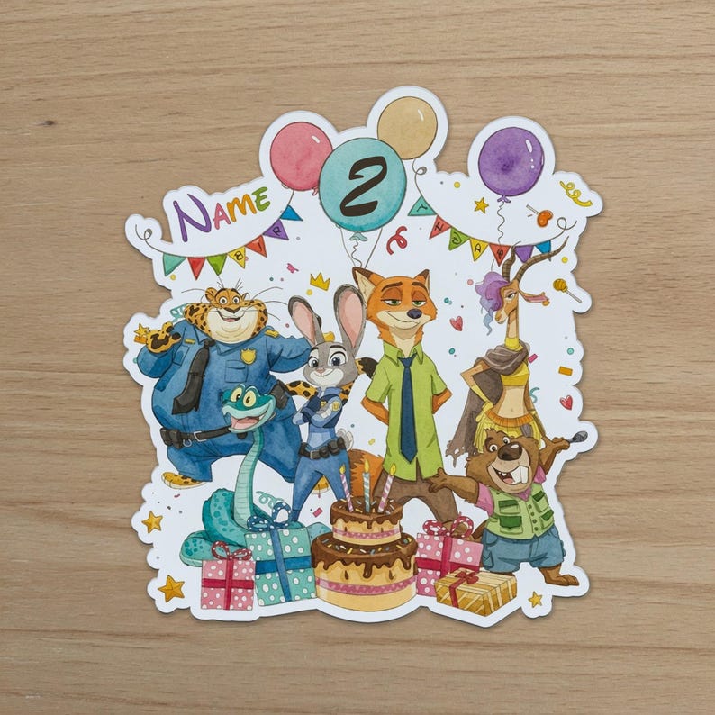 May include: A die-cut sticker featuring a watercolour illustration of Zootopia characters including a cheetah, rabbit, fox, gazelle, and beaver. The design includes a birthday cake with candles, colourful balloons, gift boxes, and the text Name and 2.