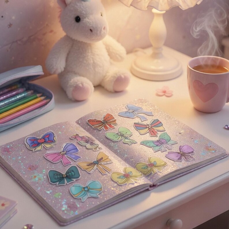 May include: An open, glittery pink journal with colorful bow stickers. A white unicorn plush toy, a pink mug with a heart, and a pencil case with colored pencils are on the table. A small lamp is also visible.