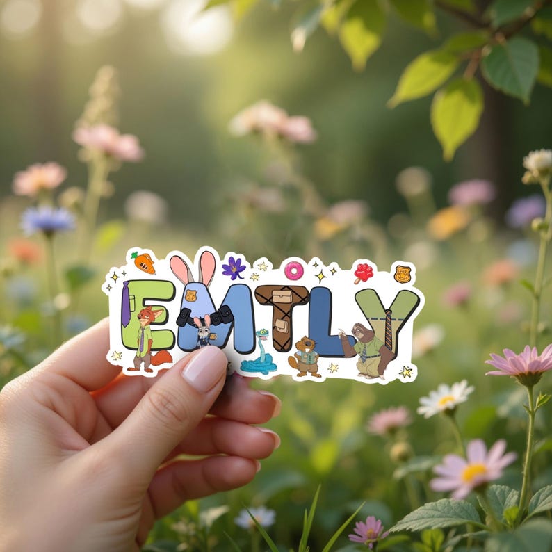 May include: A die-cut sticker featuring the name EMILY in colorful block letters, decorated with various cartoon animal characters and small icons like a carrot, donut, and badge, with each letter showcasing unique patterns and character art.
