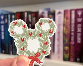 Mickey Christmas Wreath Sticker, Retro Disney Holiday Decal, Very Merry Christmas Party Waterproof Water Bottle Sticker