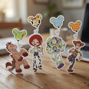 May include: Four colorful die-cut stickers featuring characters from the animated film Toy Story. The stickers include a horse, Jessie, Buzz Lightyear, and Woody. Each character is holding a balloon in the shape of Mickey Mouse's head.