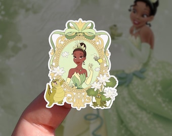 Princess Tiana Vintage Frame Sticker, Princess and the Frog Vinyl Decal, Louis Ray Sticker, New Orleans Waterproof Laptop Water Bottle