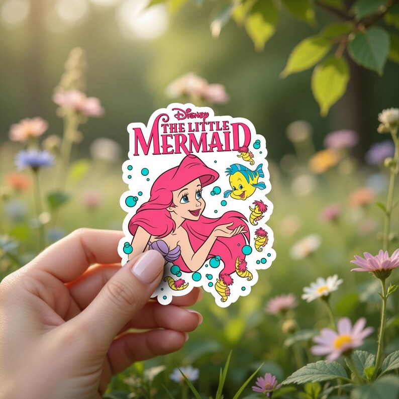 Op de afbeelding: Een gestanste sticker met het Disney The Little Mermaid logo in roze tekst boven een illustratie van Ari&euml;l met lang roze haar, een paarse schelpentop en een gele en blauwe Botje-vis omringd door kleine turquoise bubbels.