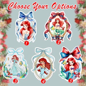 Peut inclure: Cinq autocollants mettant en vedette Ariel de La Petite Sir&egrave;ne. Chaque autocollant pr&eacute;sente une illustration &agrave; l'aquarelle diff&eacute;rente d'Ariel, encadr&eacute;e de n&oelig;uds et de bordures d&eacute;coratives. Le texte "Choose Your Options" est en haut.