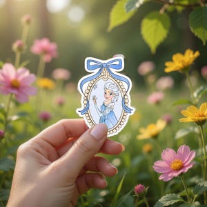 以下が含まれることがあります： 青いドレスを着た女性の漫画イラストが描かれたステッカー。青いリボンと楕円形の縁で縁取られています。ぼやけた背景には花と緑があり、ステッカーがその前に保持されています。