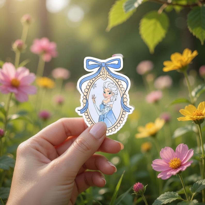 以下が含まれることがあります： 青いドレスを着た女性の漫画イラストが描かれたステッカー。青いリボンと楕円形の縁で縁取られています。ぼやけた背景には花と緑があり、ステッカーがその前に保持されています。