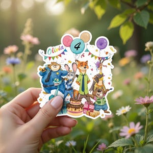 May include: A die-cut sticker featuring Zootopia characters including a cheetah, rabbit, fox, gazelle, and beaver. The design includes a birthday cake with candles, colourful balloons, gift boxes, and bunting with the text Olivia and the number 4.