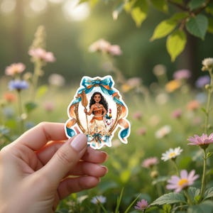 May include: A sticker featuring a watercolor illustration of a woman in a gold frame with a blue ribbon. The woman is holding a spear and is accompanied by a pig. The sticker is held in a hand against a blurred background of flowers.