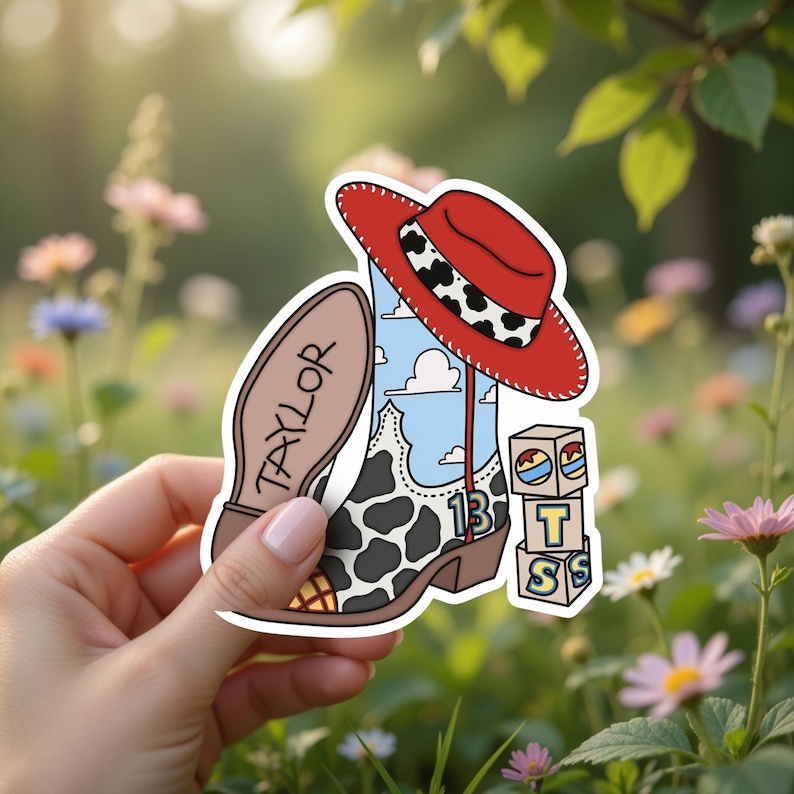Puede incluir: Una pegatina troquelada que muestra una bota de vaquero con base de estampado de vaca y una ca&ntilde;a con patr&oacute;n de cielo azul y nubes blancas. La bota tiene un sombrero rojo con banda de vaca, el n&uacute;mero 13 y una suela con el nombre Taylor.
