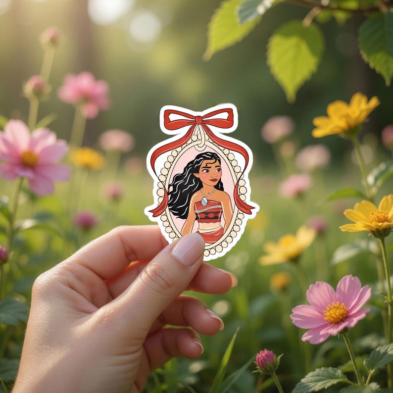 May include: A sticker featuring a cartoon illustration of a woman with long black hair, wearing a red and white outfit, and a necklace. The sticker is framed by a red ribbon and a pearl-like border. The sticker is held in front of a background of colorful flowers.
