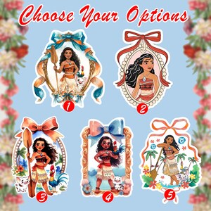 May include: A collection of five sticker designs featuring a cartoon character in various poses. Each design is framed with decorative elements like bows and ornate borders. The text "Choose Your Options" is at the top in red script.