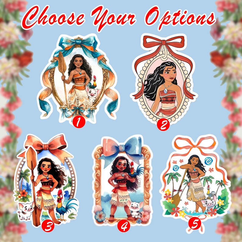 May include: A collection of five sticker designs featuring a cartoon character in various poses. Each design is framed with decorative elements like bows and ornate borders. The text "Choose Your Options" is at the top in red script.