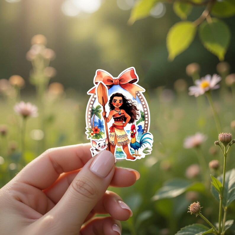 May include: A colorful sticker featuring a cartoon character with long black hair, holding a wooden oar. The sticker includes a pig, a rooster, and tropical flowers. A large red bow is at the top of the sticker.