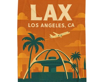LAX Airport Plush Blanket, Retro Los Angeles Travel Throw