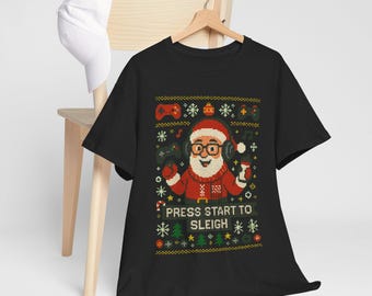 Gaymer Santa Ugly Christmas T-Shirt: Press Start To Sleigh
